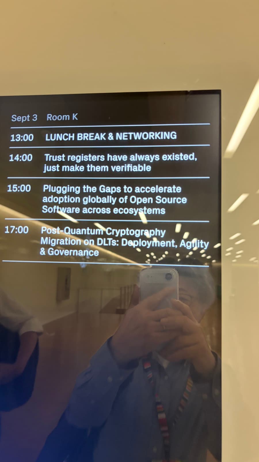 Palexpo Room K schedule board for 3 September, including PQC Migration on DLTs at 17:00